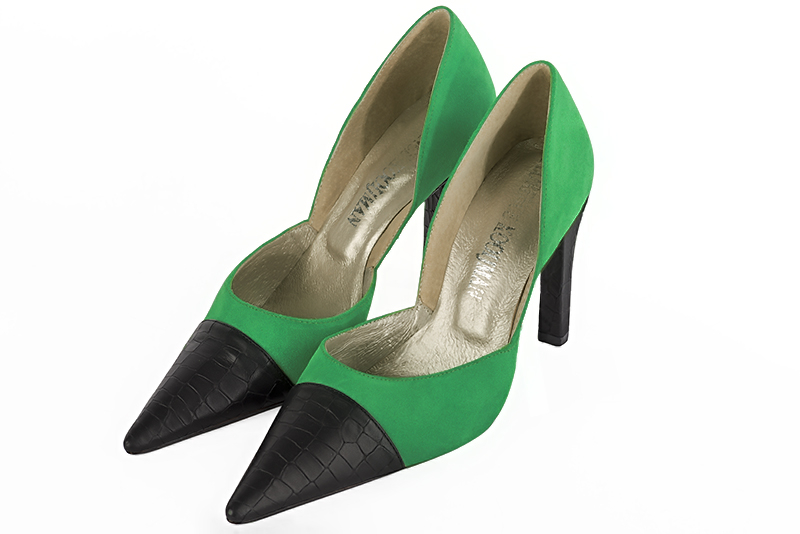 Satin black and emerald green women's open arch dress pumps. Pointed toe. Very high slim heel. Front view - Florence KOOIJMAN
